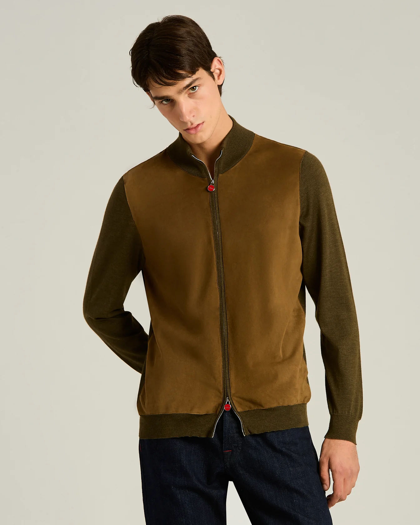 CASHMERE AND SILK BLEND JACKET WITH CONTRASTING DETAILS IN BROWN AND LAMBSKIN TRIM - Image 2