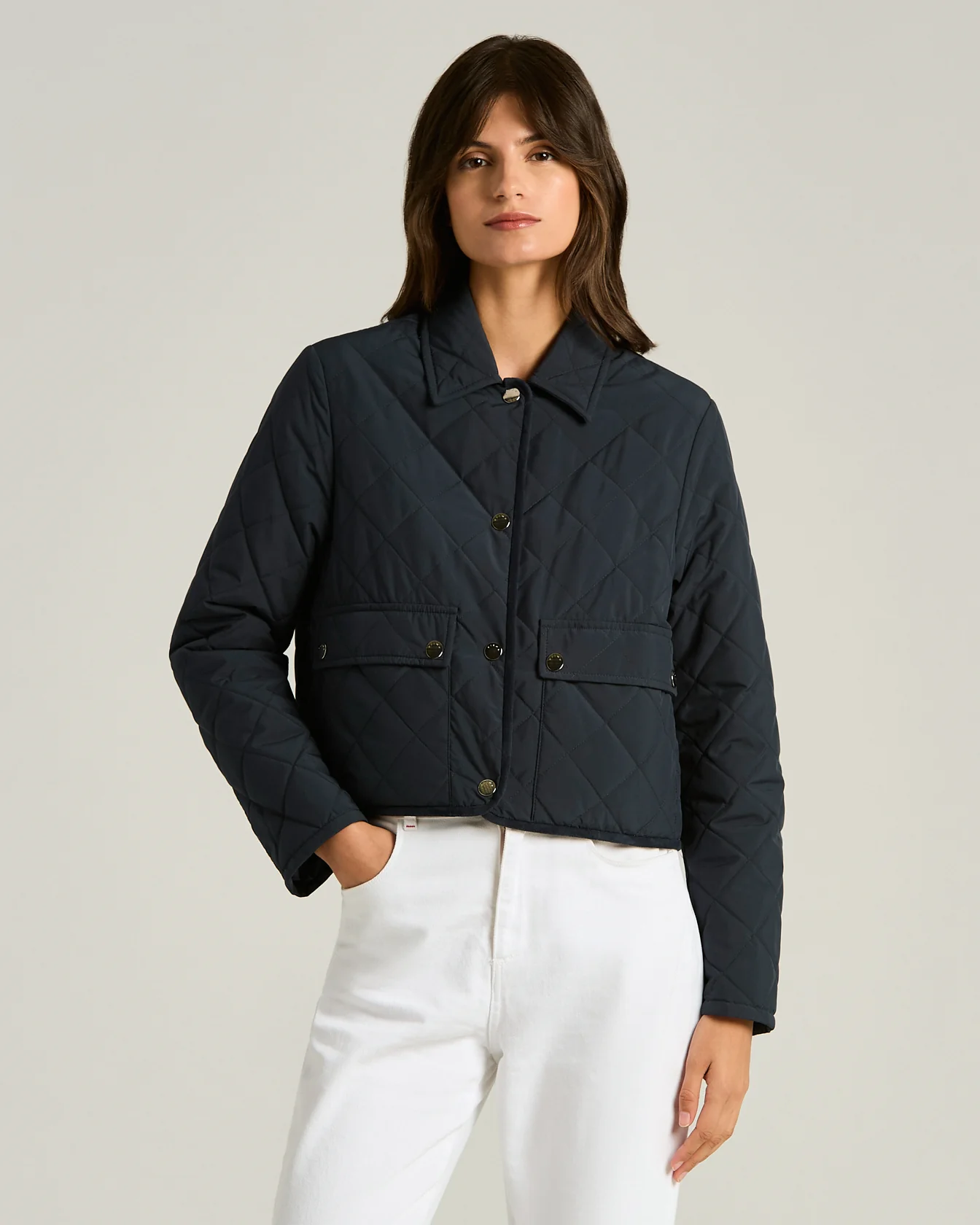 QUILTED BLUE JACKET WITH SIMPLE DESIGN WITH CALFSKIN DETAILS - Image 2