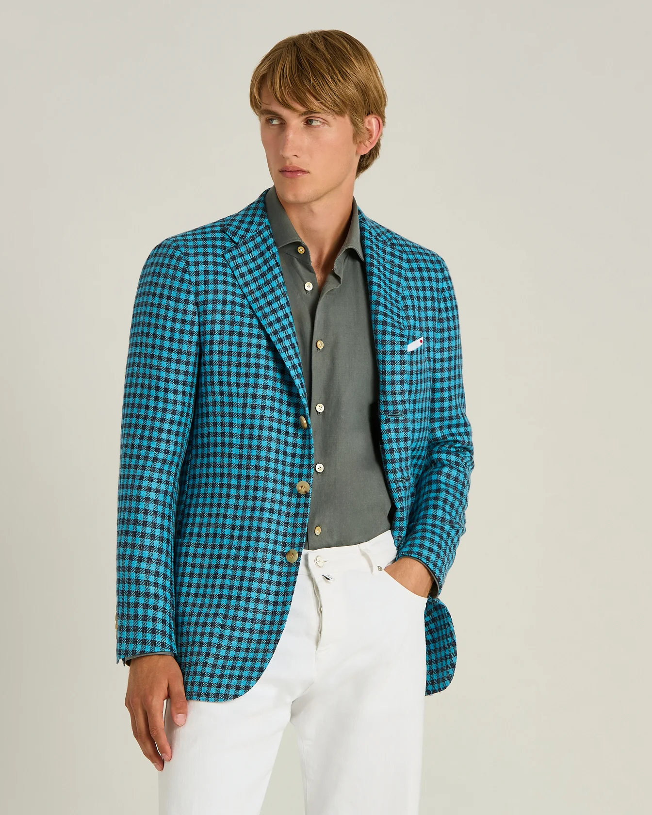 FINE BLEND CHECKED SINGLE-BREASTED JACKET IN AZURE - Image 2