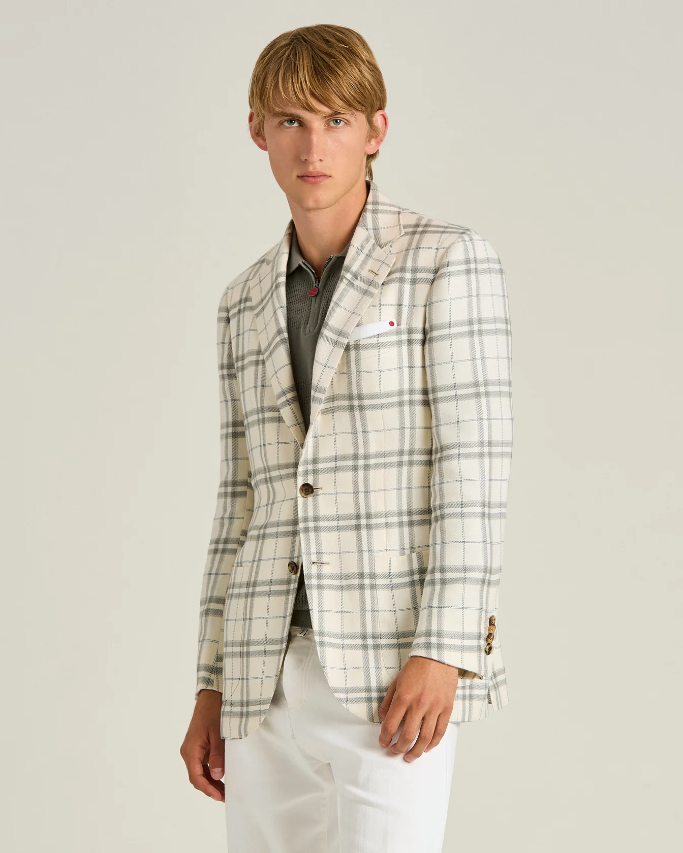 CASHMERE, SILK AND LINEN BLEND TAILORED CHECKED JACKET IN MEDIUM GREY - Image 2