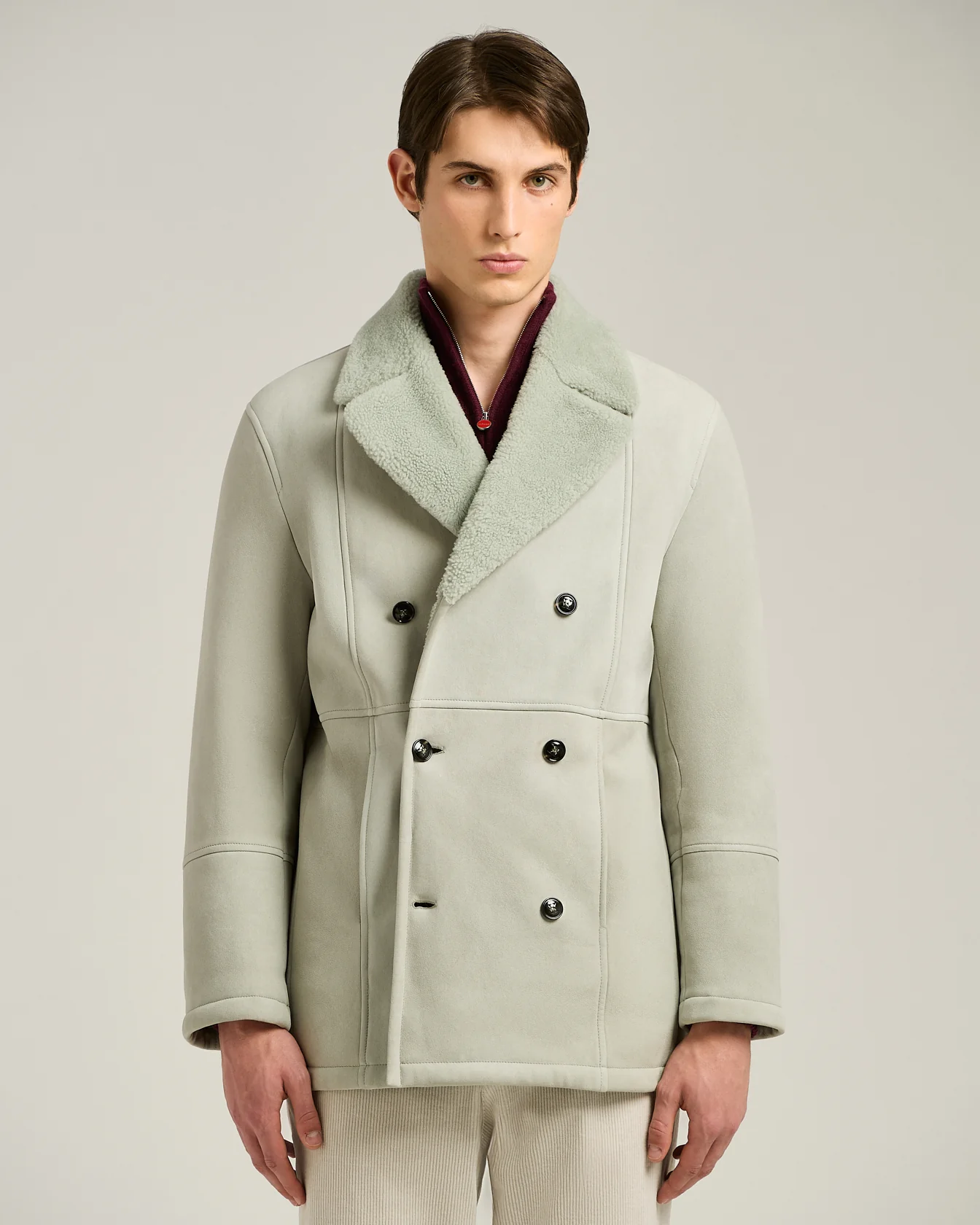 DOUBLE-BREASTED OVERCOAT IN LIGHT GREY SHEARLING - Image 2