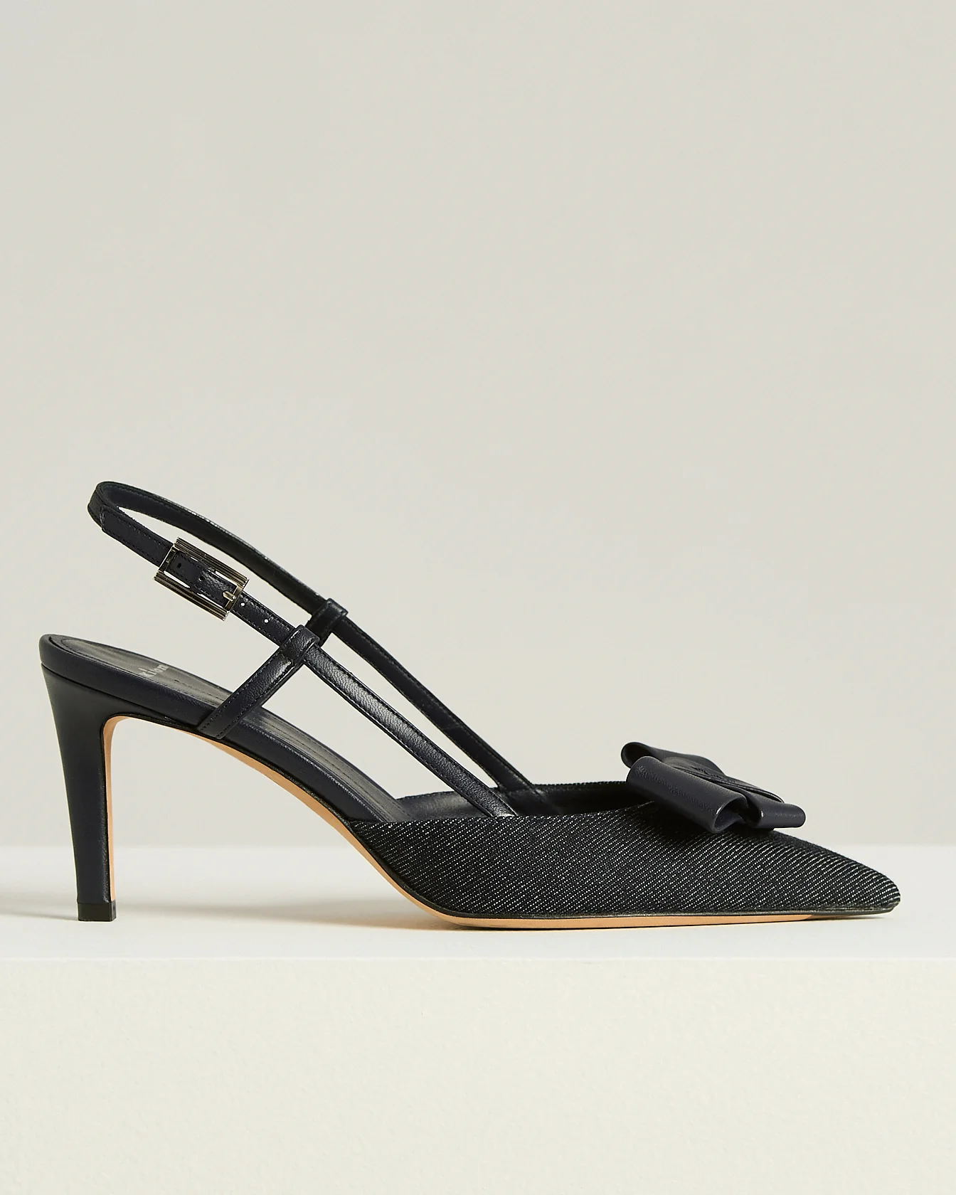 SLINGBACK COURT SHOE WITH STRAP IN BLUE CALFSKIN AND COTTON