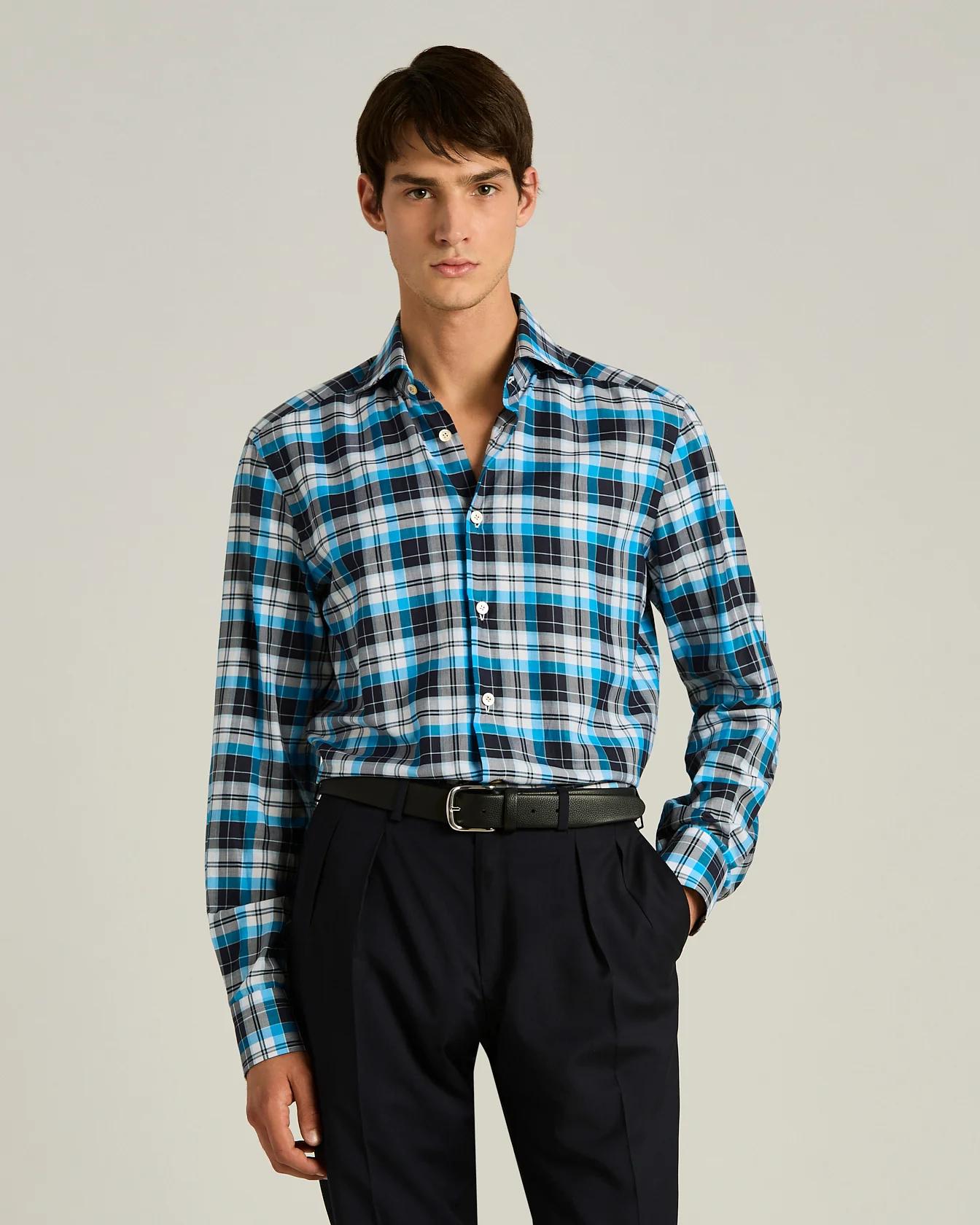 CHECKED COTTON SHIRT IN SKY BLUE - Image 2
