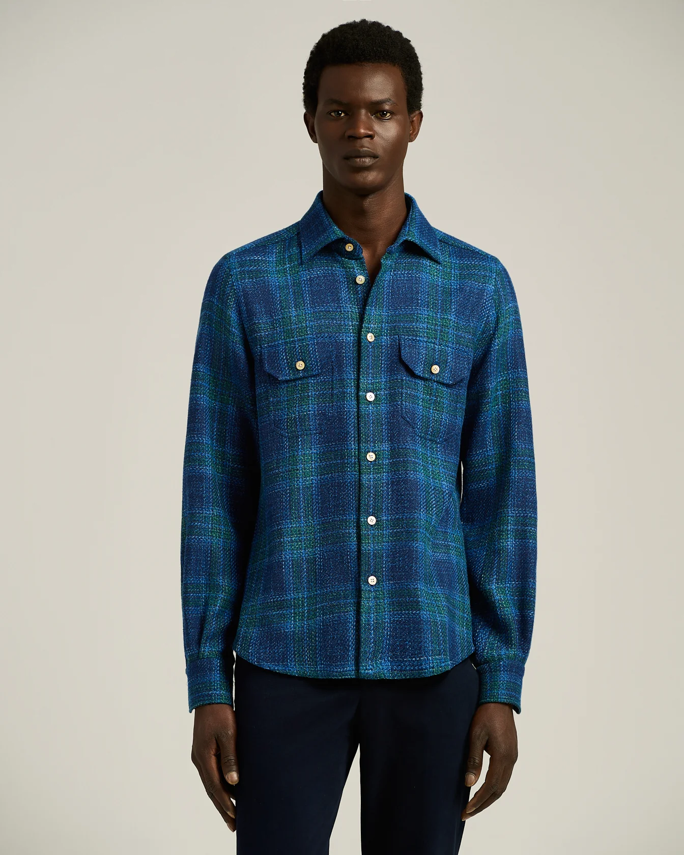 HANDMADE TARTAN OVERSHIRT IN BLUE WOOL BLEND - Image 2