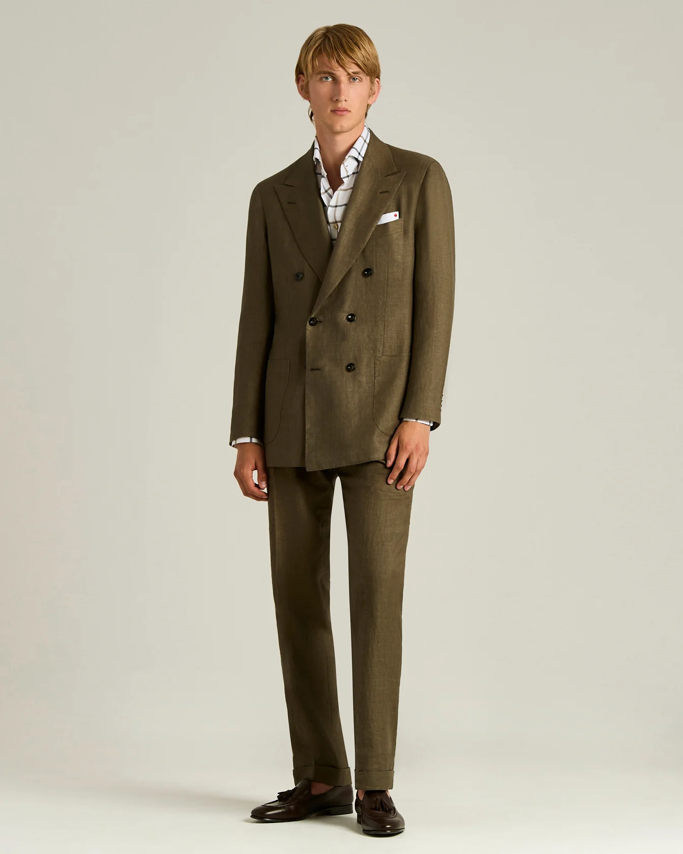 LINEN AND WOOL BLEND DOUBLE-BREASTED BROWN SUIT - Image 2